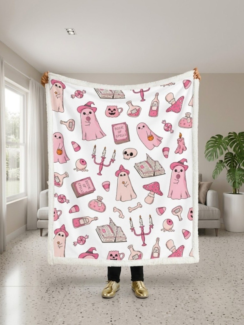 Pink Ghosts Cozy Sherpa Throw Blanket - Home Bedding